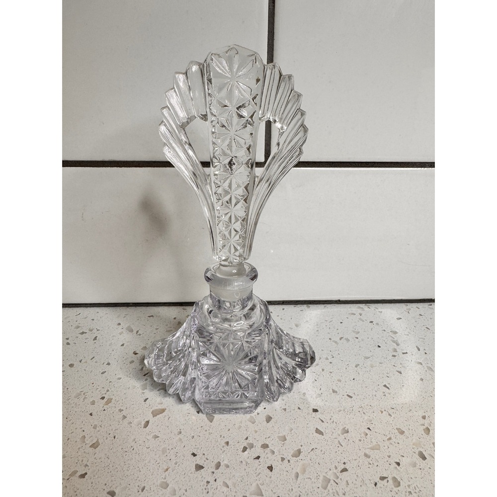 Vintage Art Deco Style Clear Pressed Glass Perfume‎ Bottle Art Deco Fan Stopper
